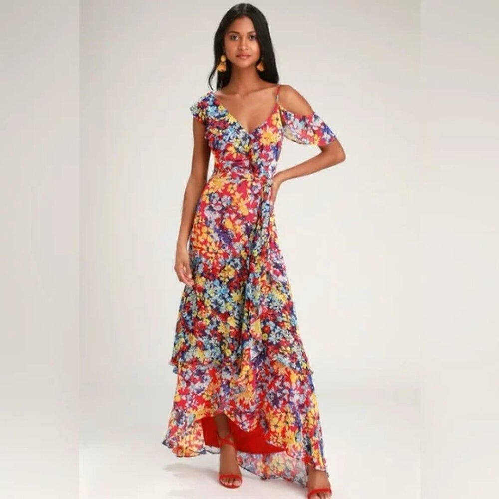 NWT $90 LULUS Radiant Ruby Red Floral Print Chiffon Maxi Dress L
